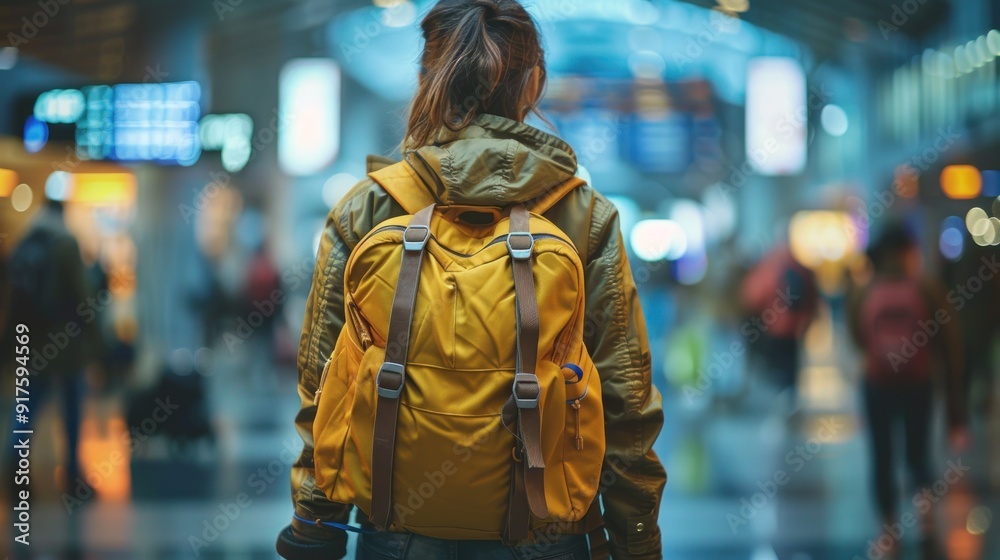 A lone traveler with a yellow backpack A lone traveler with a yellow backpack