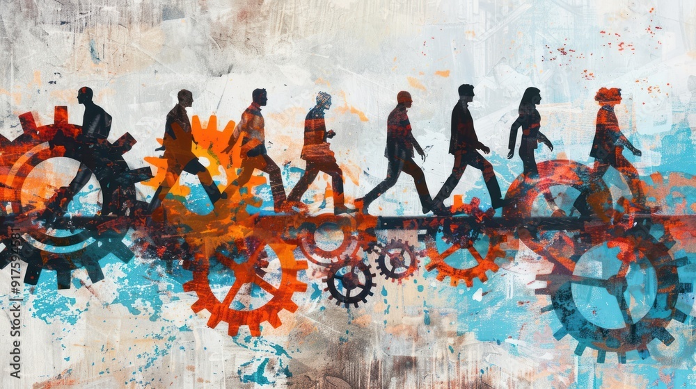 Silhouettes of People Walking on Gears Silhouettes of People Walking on Gears