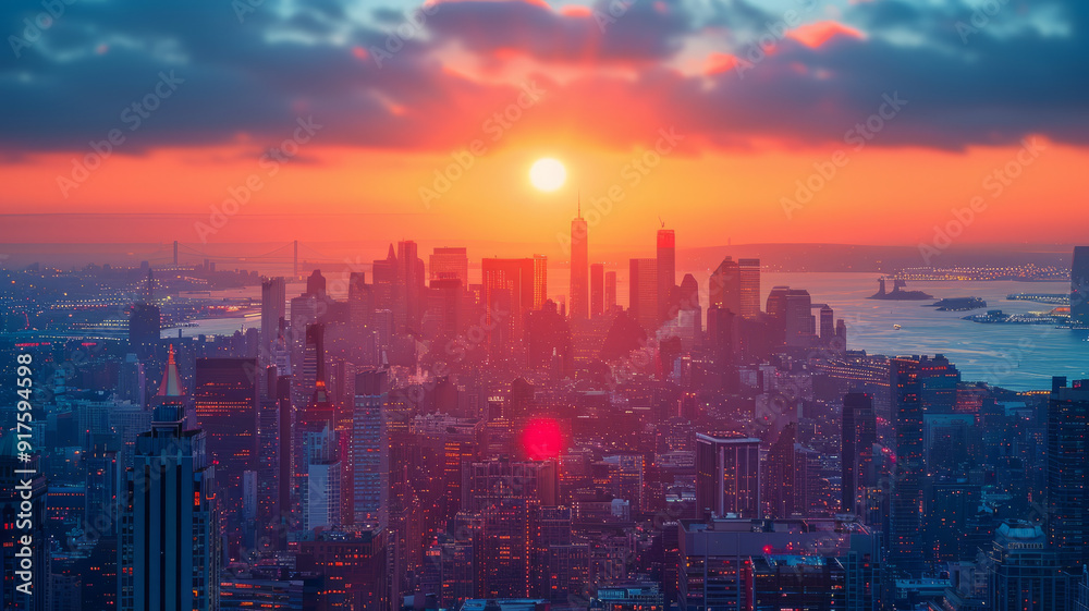 super busy city bird view, epic energy, sunrise light.generative ai