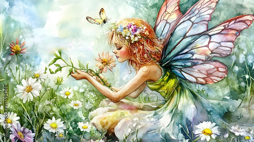 Enchanting Watercolor Fairy in a Vibrant Flower Garden Scene