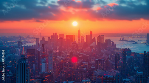 super busy city bird view, epic energy, sunrise light.generative ai