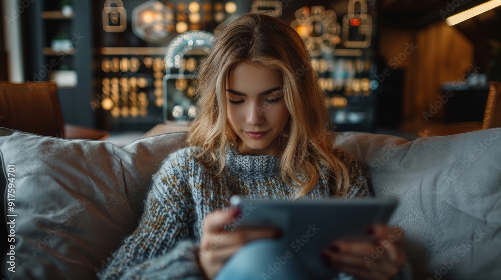 Young woman relaxing on a couch and using her tablet. Young woman relaxing on a couch and using her tablet.