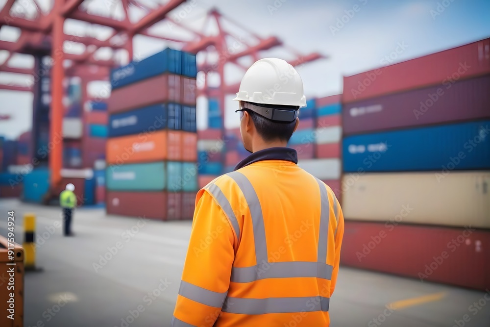 Worker in safety vest overlooking cargo containers. Worker in safety vest overlooking cargo containers.