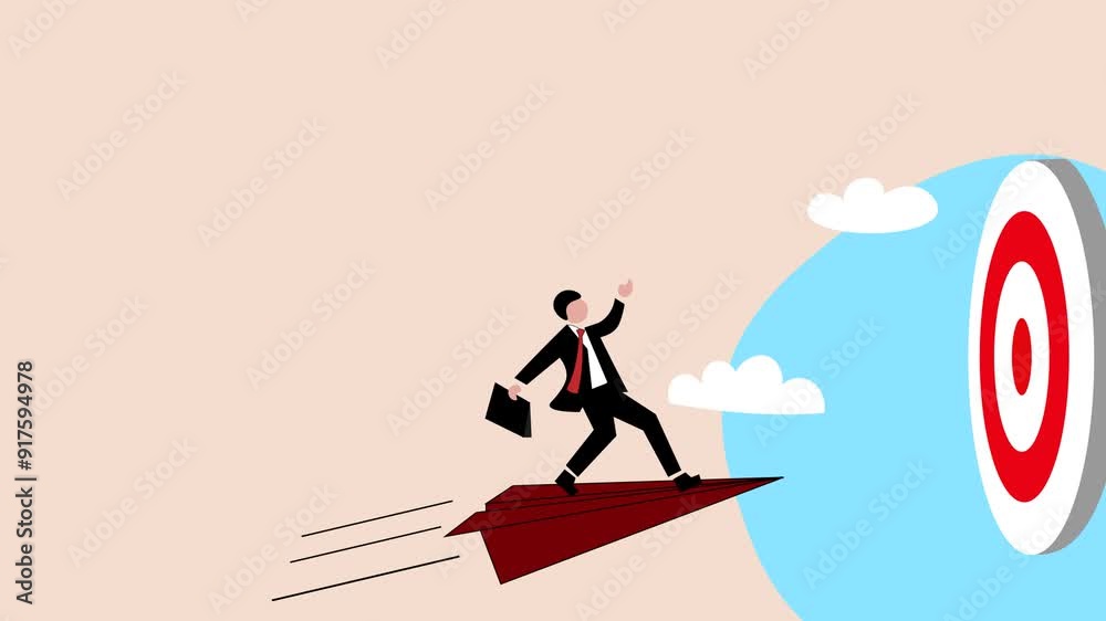 Entrepreneurship, 4k animation of business owner. Standing on a paper plane to reach the target faster. Entrepreneurship, 4k animation of business owner. Standing on a paper plane to reach the target faster.