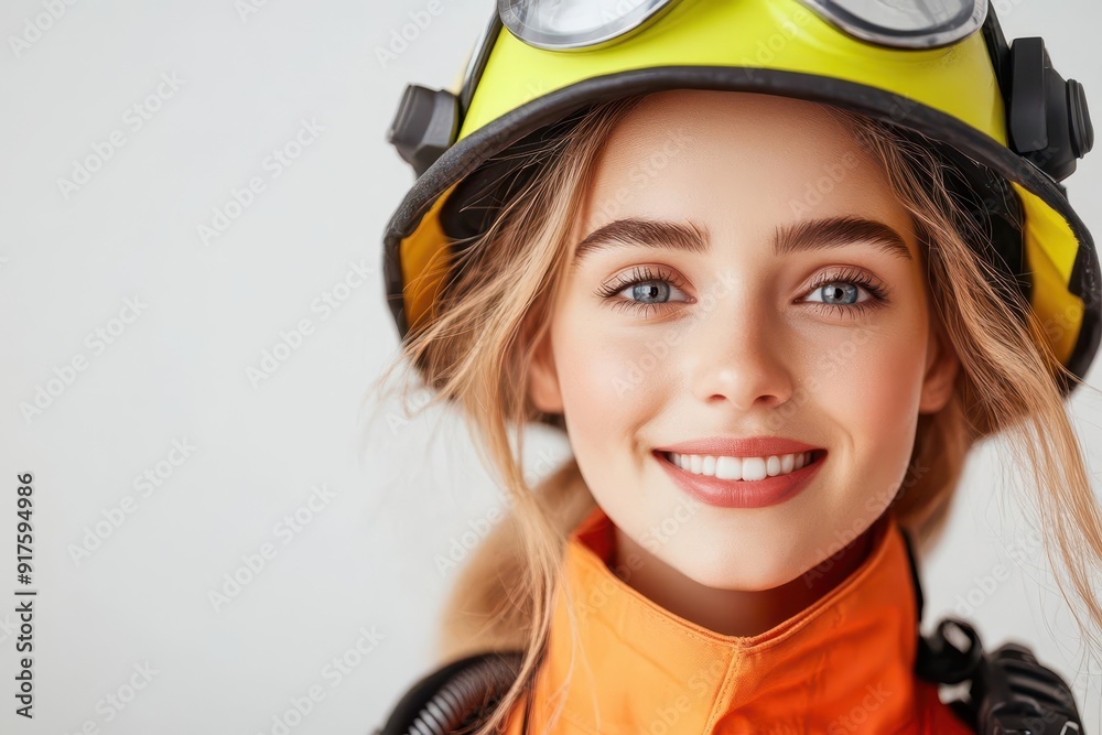 Smiling woman wearing a yellow helmet and orange jumpsuit. Smiling woman wearing a yellow helmet and orange jumpsuit.
