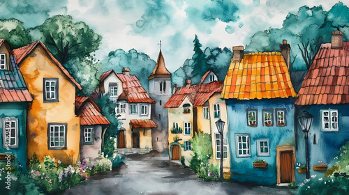 Whimsical Watercolor Village with Colorful Rooftops and Storybook Charm