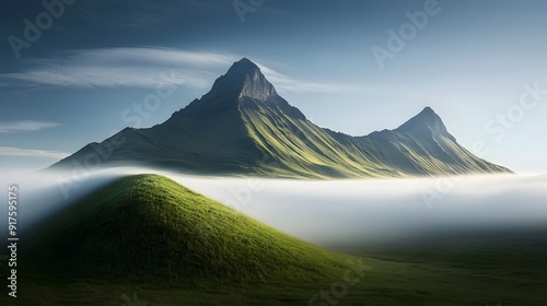 Majestic Misty Mountain Landscape with Lush Rolling Hills and Dramatic Clouds