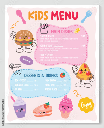 Cute colorful kids meal menu vector template
