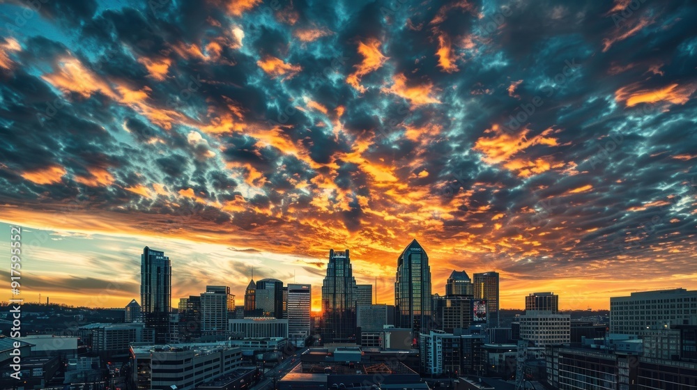 Fototapeta premium Cityscape at Sunset with Dramatic Clouds