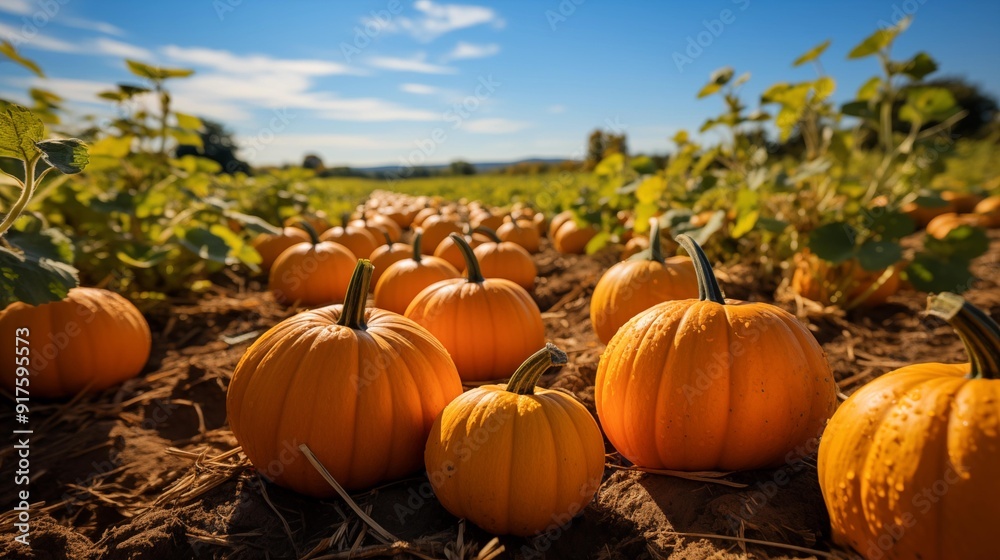 A field of pumpkins with a blue sky in the background A field of pumpkins with a blue sky in the background