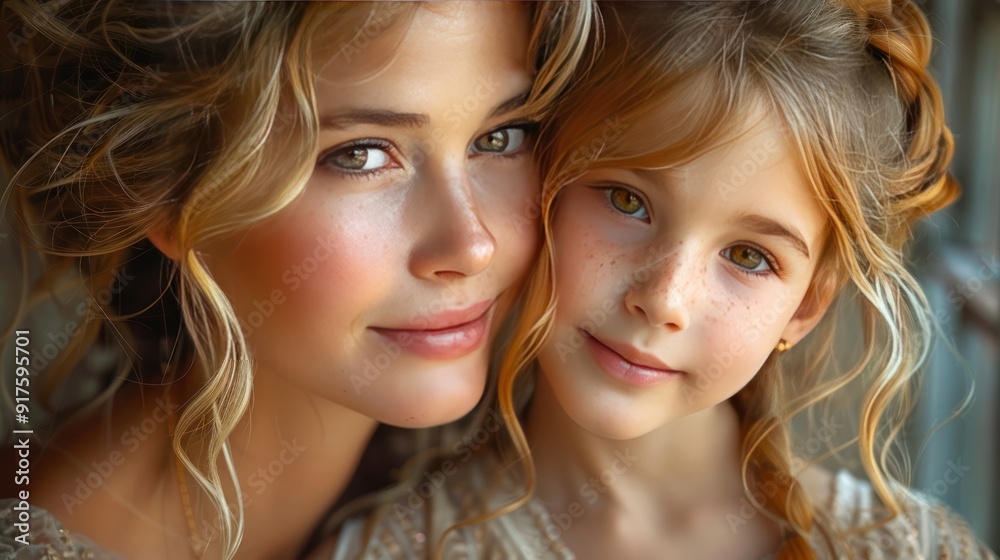 Mother and daughter, both beaming with happiness, enjoy a tender moment together at home, radiating love and joy Mother and daughter, both beaming with happiness, enjoy a tender moment together at home, radiating love and joy