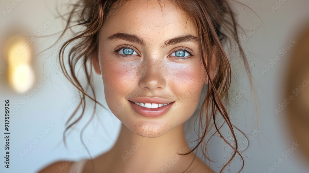 Young beauty woman with a radiant smile, clear skin, and soft makeup, set against a light tone background, exuding freshness and positivity