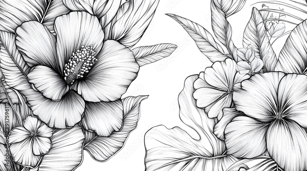 2. Elegant botanical print with detailed line drawings of tropical leaves and flowers 2. Elegant botanical print with detailed line drawings of tropical leaves and flowers