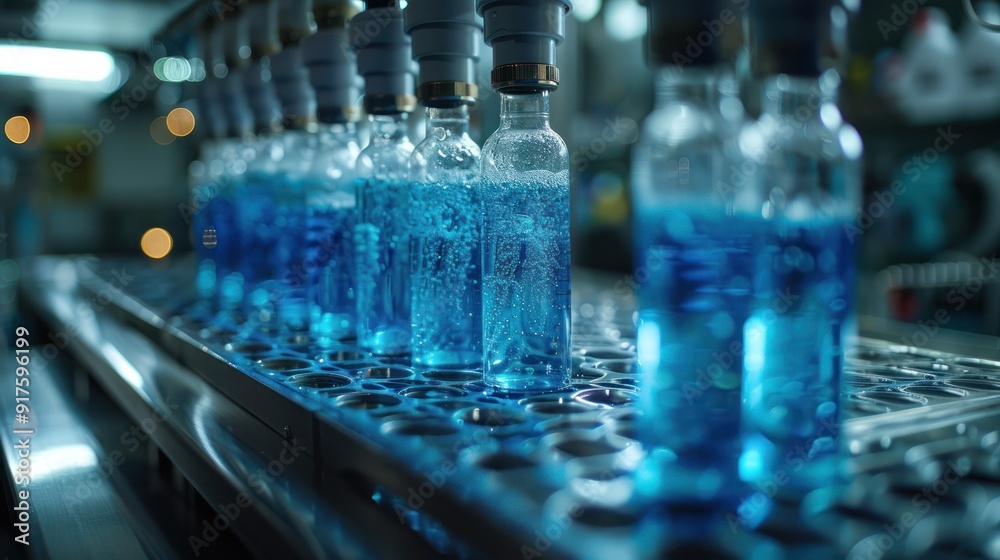 Rows of test tubes filled with blue liquid in a laboratory setting, symbolizing scientific research and experimentation