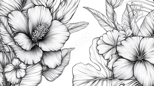 2. Elegant botanical print with detailed line drawings of tropical leaves and flowers