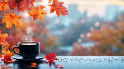 A cup of coffee in the autumn rain overlooking a city. 