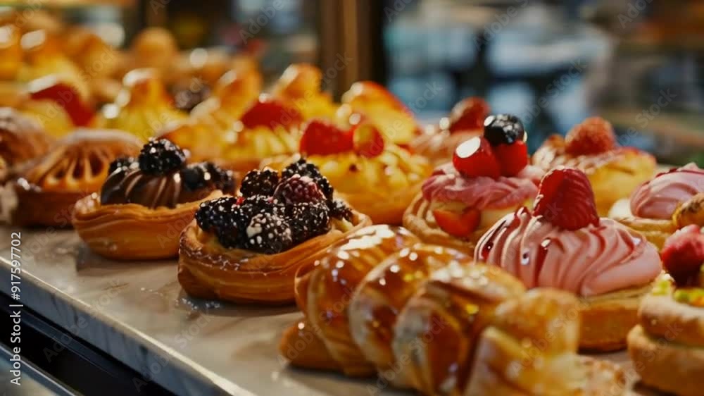 variety of pastries in bakery case with fruit toppings and glazes
variety of pastries in bakery case with fruit toppings and glazes