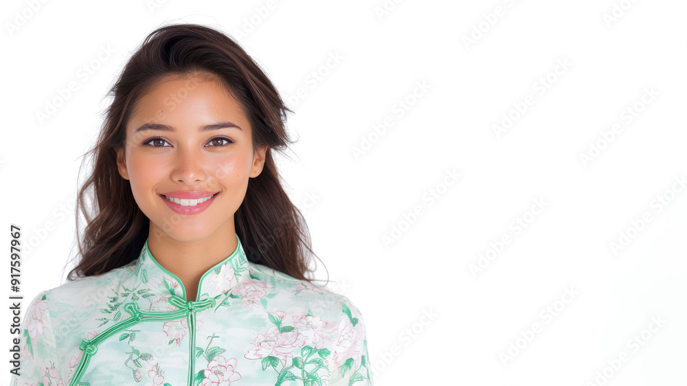 Canadian female smile in traditional cheongsam dress isolated on gray Canadian female smile in traditional cheongsam dress isolated on gray