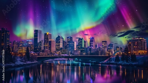 Cityscape under the Northern Lights, blending urban life with the mesmerizing beauty of the aurora boreal. Perfect for themes of wonder, modernity, and natural phenomena