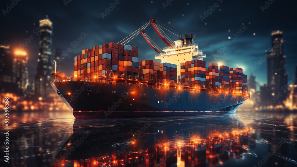 Obraz premium Container ship global business logistics import export freight shipping transportation, Container ship analysis, abstract graphic globe and chart information business.generative ai