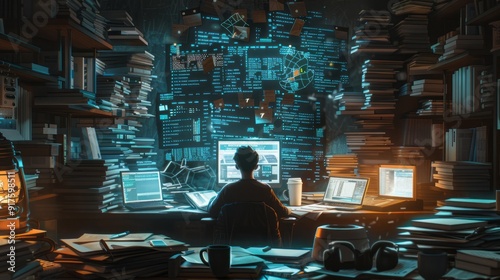 Picture a person sitting in a dimly lit, cluttered room filled with stacks of paper, charts, and digital screens displaying complex database diagrams and codes photo