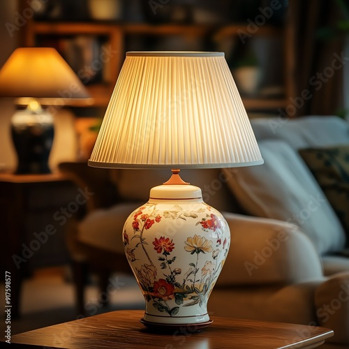 A vintage ceramic table lamp with a floral pattern, softly glowing with a warm light in a cozy, nostalgic living room setting photo