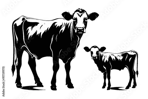 Cow and calf Black silhouette editable ai 10