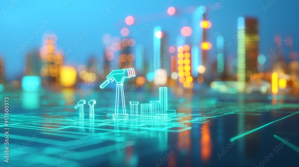 Futuristic Holographic Energy Grid Display with Gasoline Fuel Sources Highlighted in Neon Blue and Green Tones Against Urban Cityscape Background Futuristic Holographic Energy Grid Display with Gasoline Fuel Sources Highlighted in Neon Blue and Green Tones Against Urban Cityscape Background