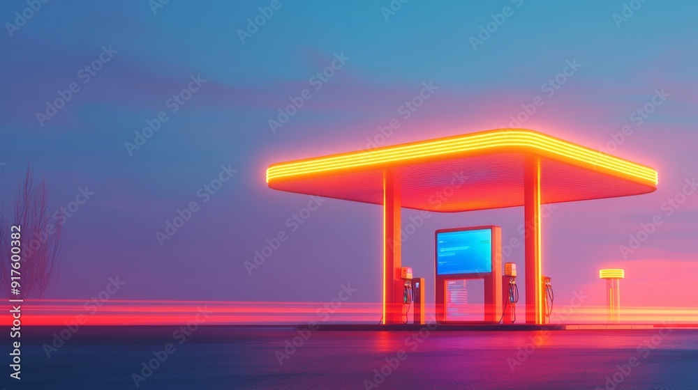 Futuristic Gas Station with Digital Hologram Displaying Energy Levels Against Dusk Sky Futuristic Gas Station with Digital Hologram Displaying Energy Levels Against Dusk Sky