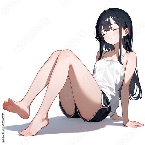 20代くらいの座っている若い黒髪の女性Young woman in her 20s with black hair, sitting