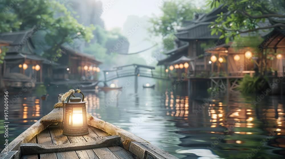 Wooden boat with a lantern gently floating on a calm river, with ...