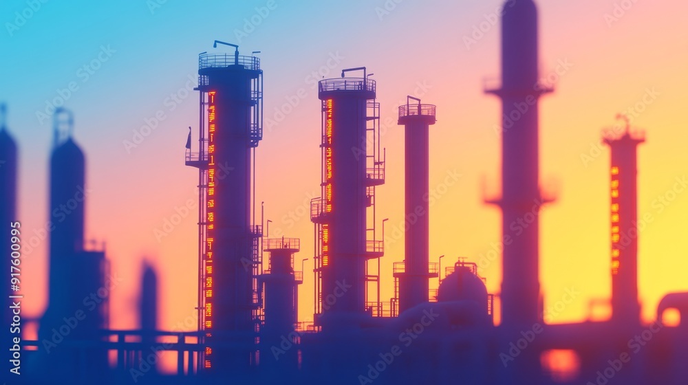 Futuristic Cyberpunk Refinery at Dusk with Digital Gasoline Price Tickers in Neon Blue and Orange Glow Futuristic Cyberpunk Refinery at Dusk with Digital Gasoline Price Tickers in Neon Blue and Orange Glow