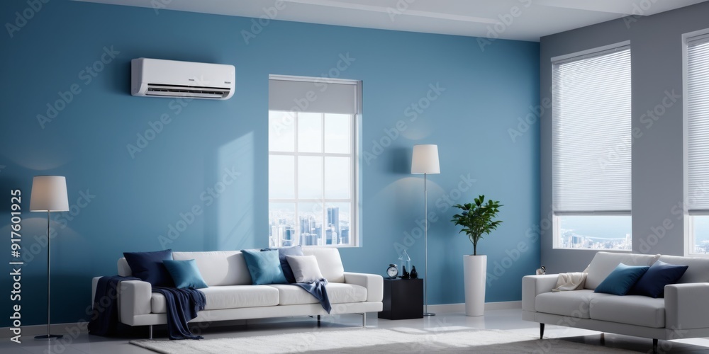 Modern White Air Conditioning Unit Mounted on Wall in Room with Modern White Air Conditioning Unit Mounted on Wall in Room with