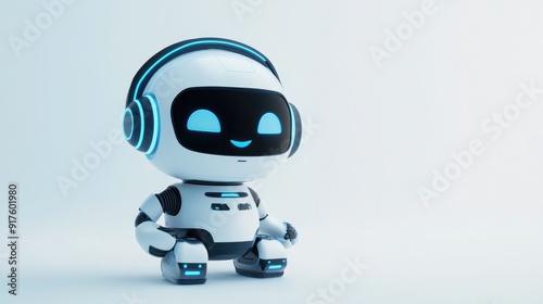 Adorable robot in a headset, with a warm smile, designed for online assistance. Crisp white background