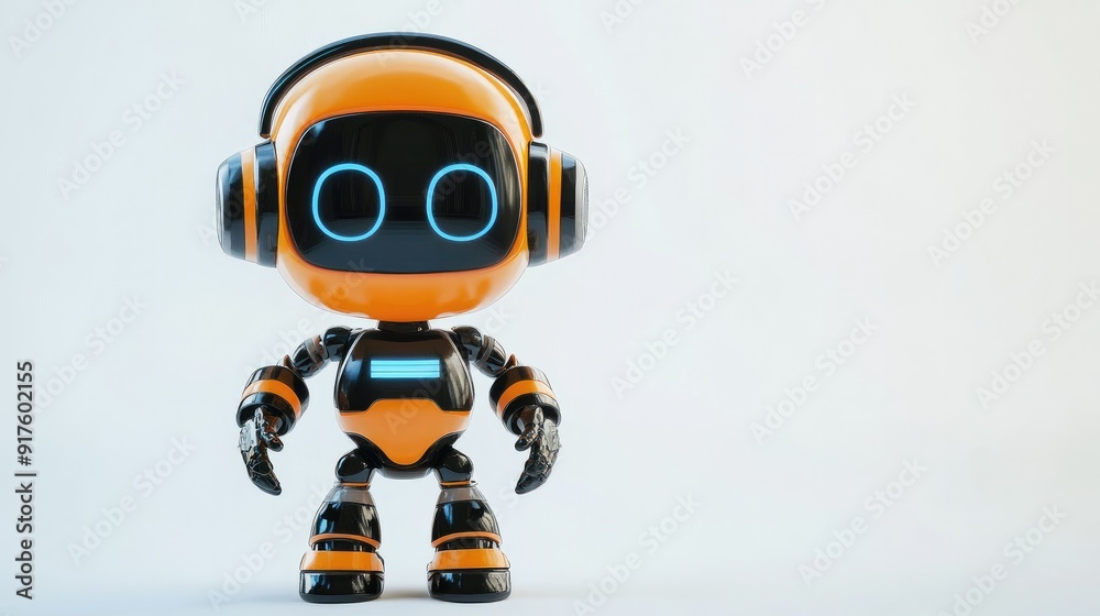 Adorable robot in a sleek headset, ready to assist virtually. Friendly and approachable design on white Adorable robot in a sleek headset, ready to assist virtually. Friendly and approachable design on white
