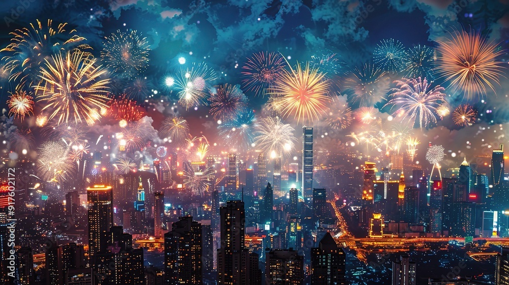 Obraz premium Night Sky Fireworks Celebration: A mesmerizing panorama of a modern cityscape bathed in the radiant glow of a dazzling firework display. 