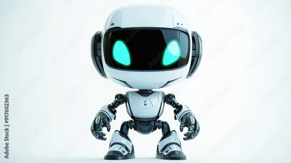 Adorable robot with a sleek headset, ready to assist virtually. Friendly and approachable design on white Adorable robot with a sleek headset, ready to assist virtually. Friendly and approachable design on white