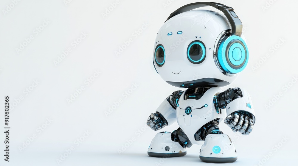 Adorable robot with headphones and mic, designed for online assistance. Set against a plain white background Adorable robot with headphones and mic, designed for online assistance. Set against a plain white background