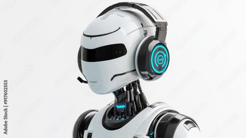 Charming robot online assistant, sporting sleek headphones and a microphone, standing by to help. White background