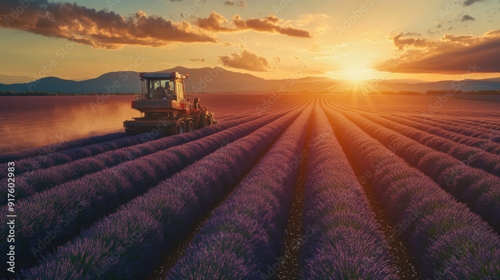 Fototapeta premium A harvesting machine collects lavender in neatly aligned rows at sunset, creating a tranquil agricultural scene