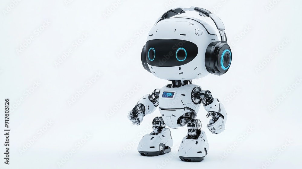 Cute robot assistant, headphones over its ears and a mic at its mouth, ready to respond. Isolated white background Cute robot assistant, headphones over its ears and a mic at its mouth, ready to respond. Isolated white background