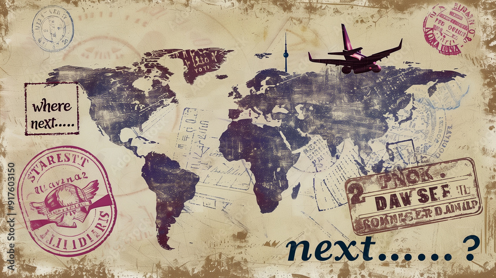 Obraz premium Vintage world map with travel stamps and an airplane silhouette