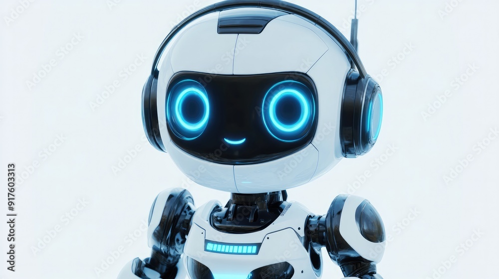 Cute robot with a headset, standing by to assist users virtually. Friendly and approachable on white background Cute robot with a headset, standing by to assist users virtually. Friendly and approachable on white background