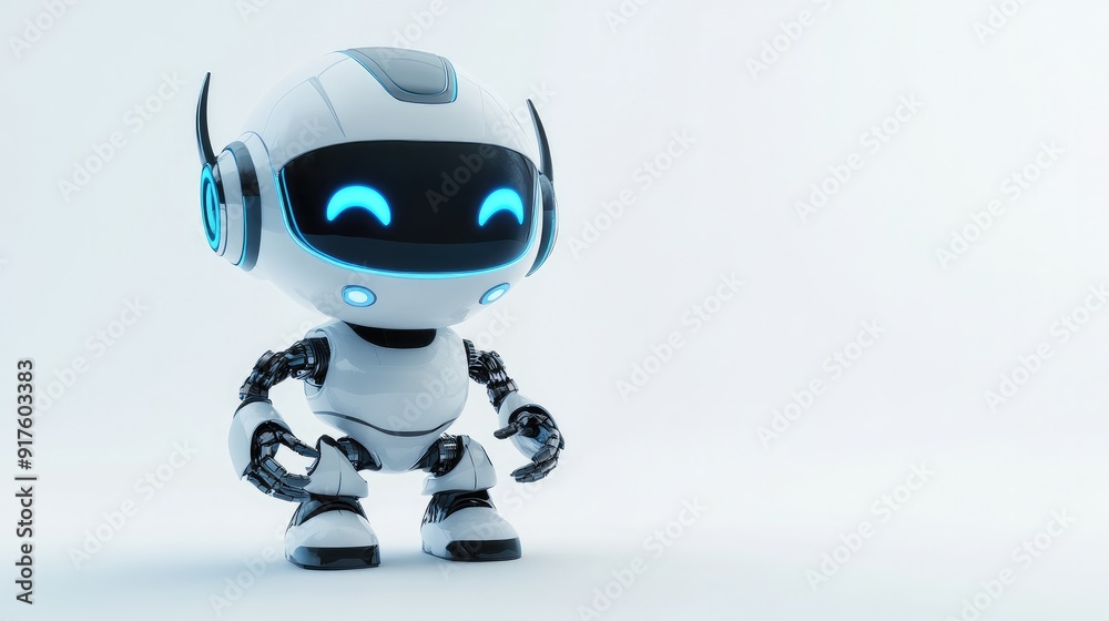 Cute robot with a sleek headset, poised to assist users virtually. Friendly and approachable on a white background Cute robot with a sleek headset, poised to assist users virtually. Friendly and approachable on a white background