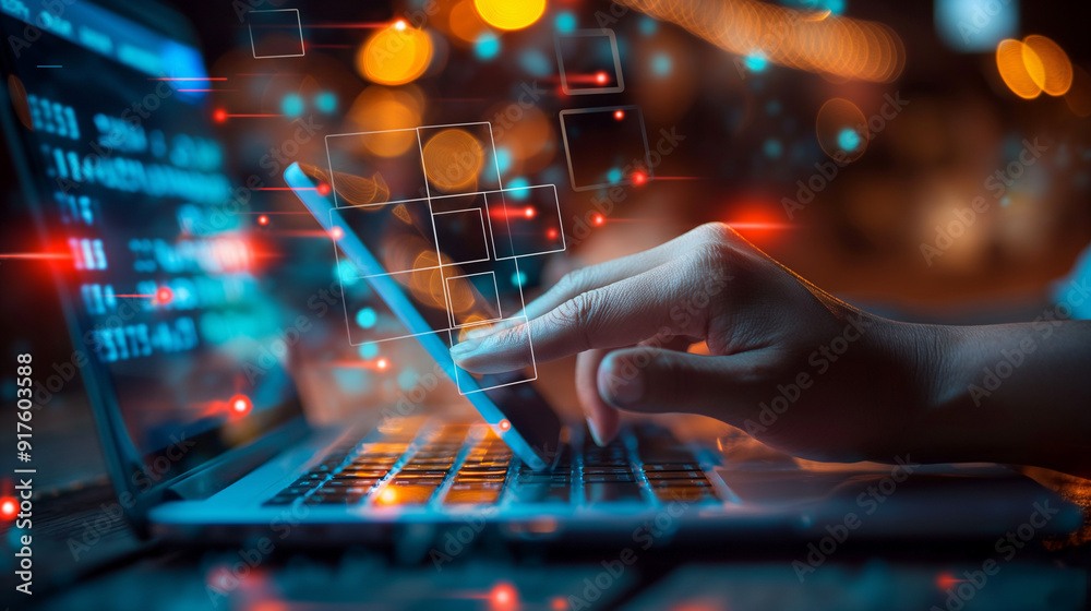 A hand is typing on a laptop keyboard with glowing lights and numbers in the background