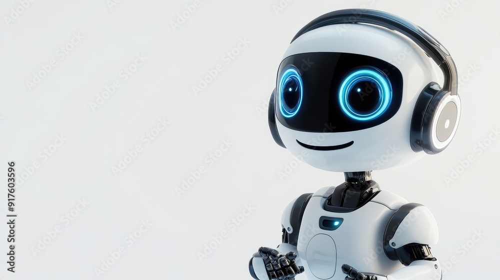 Friendly robot assistant with big eyes, equipped with a headset, smiling and ready to help. White background Friendly robot assistant with big eyes, equipped with a headset, smiling and ready to help. White background