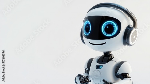 Friendly robot assistant with big eyes, equipped with a headset, smiling and ready to help. White background