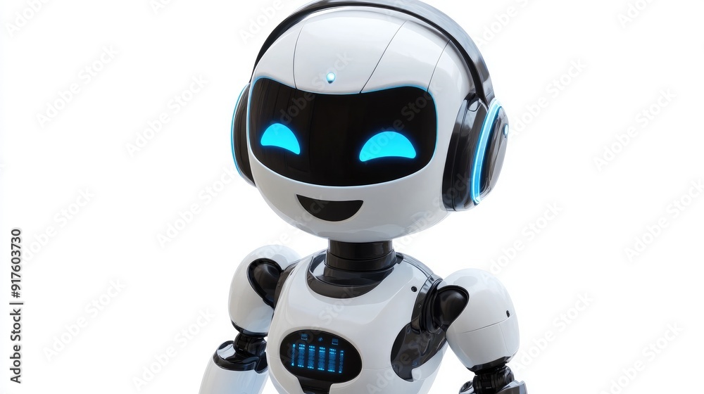 Friendly robot in a headset, cheerful and ready to provide virtual assistance. Isolated on a white background Friendly robot in a headset, cheerful and ready to provide virtual assistance. Isolated on a white background