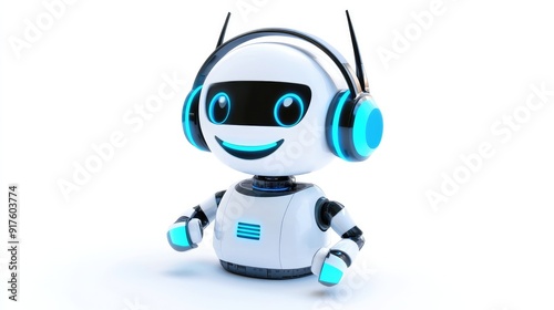 Friendly robot with headphones and microphone, smiling and ready to assist online. Isolated on a white background