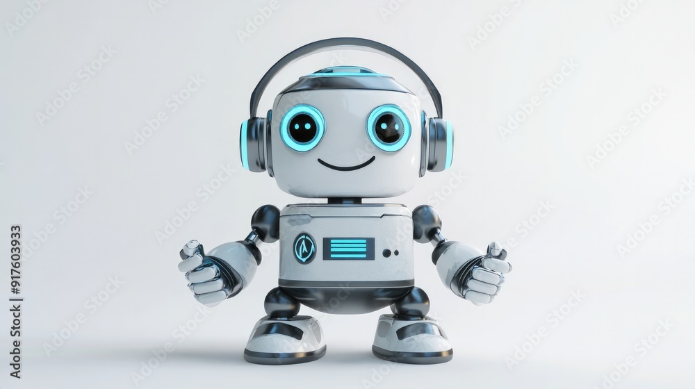 Happy robot with headphones and mic, eager to assist online. Clean white background Happy robot with headphones and mic, eager to assist online. Clean white background